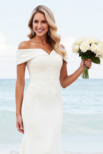 Chic Ivory Off the Shoulder Mermaid Wedding Dress with Lace Appliques